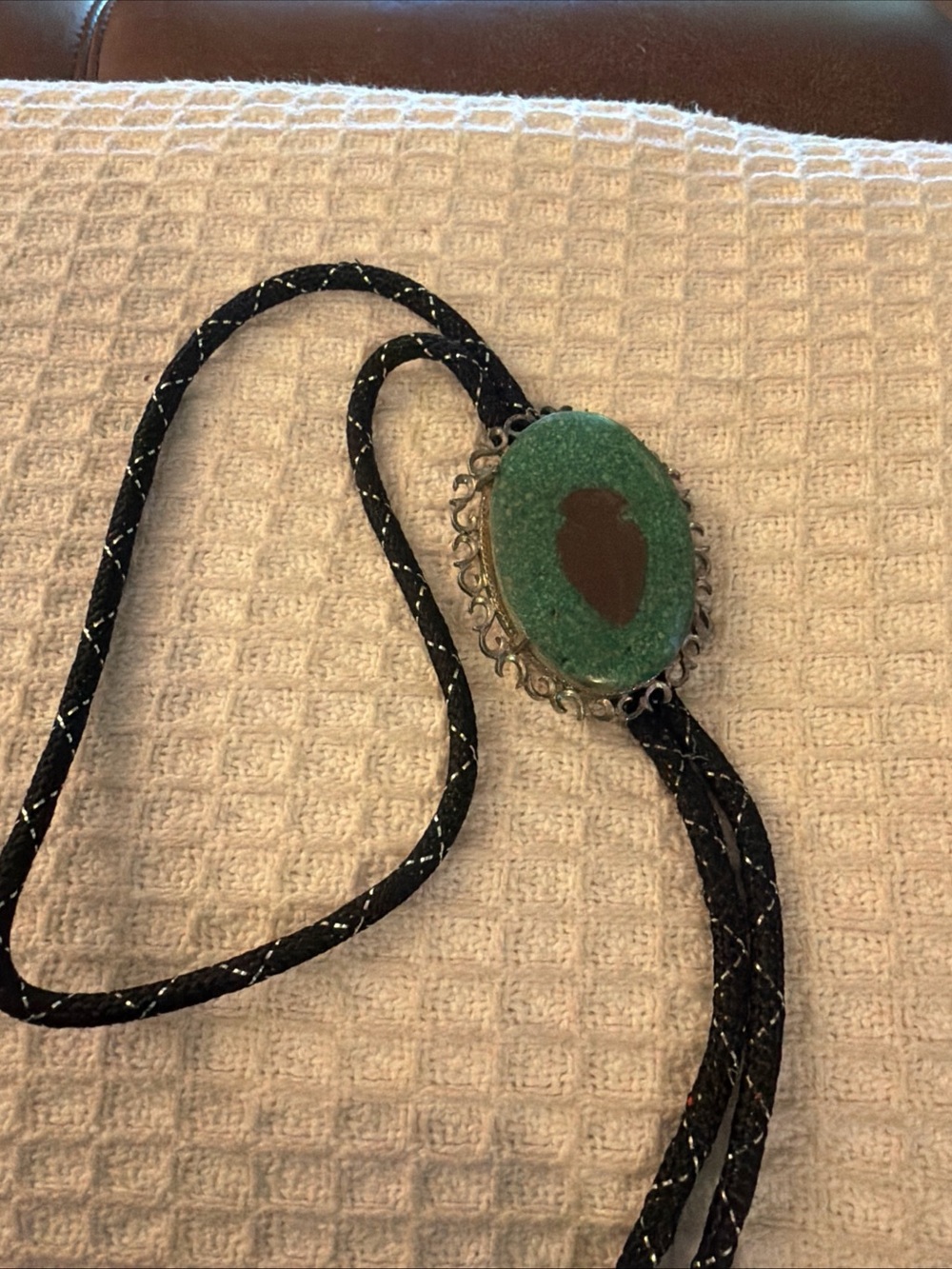 Men's Green Stone Bolo Tie with Black Cord